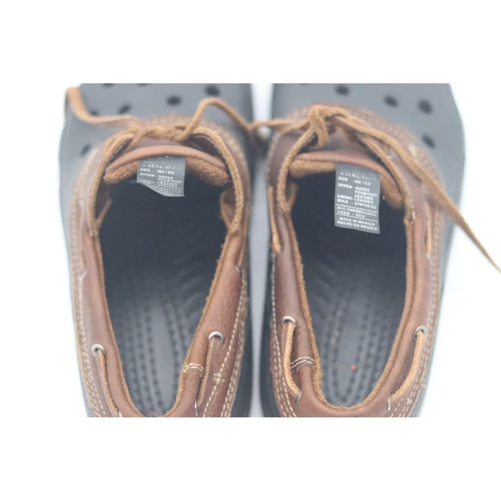 Crocs Leather Boat Shoe Clogs Brown Black Mens 6 Womens 8 Water Resistant Hybrid